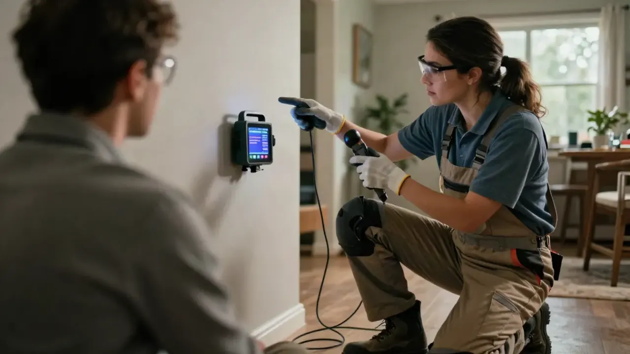 Leak Detection in Spring, Texas: leak detection specialist demonstrating a piece of equipment to a homeowner (back to