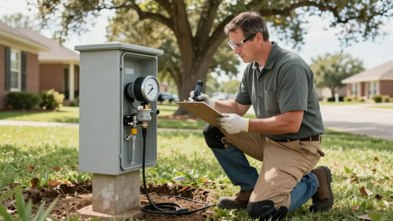 Leak Detection in Spring, Texas: leak detection specialist kneeling next to an open water meter box, holding a clipboard (no