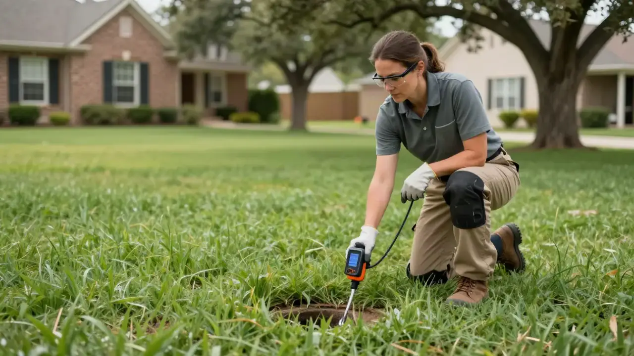 Underground Pipe Leak Repair in Spring, Texas: leak detection specialist observing an area of unusually lush, green grass in