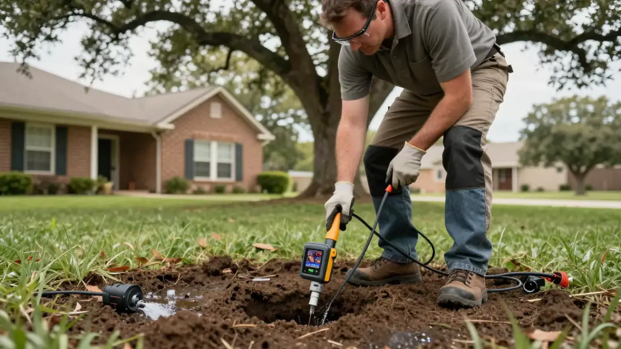 Irrigation and Sprinkler Leak Repair in Spring, Texas: leak detection specialist examining a wet patch of soil around a