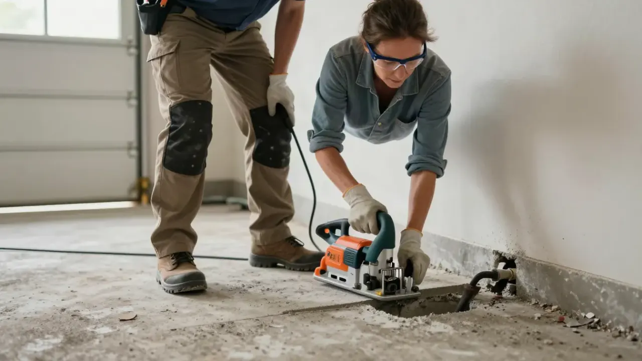 Slab Leak Repair in Spring, Texas: leak detection specialist carefully cutting a section of concrete slab with a concrete