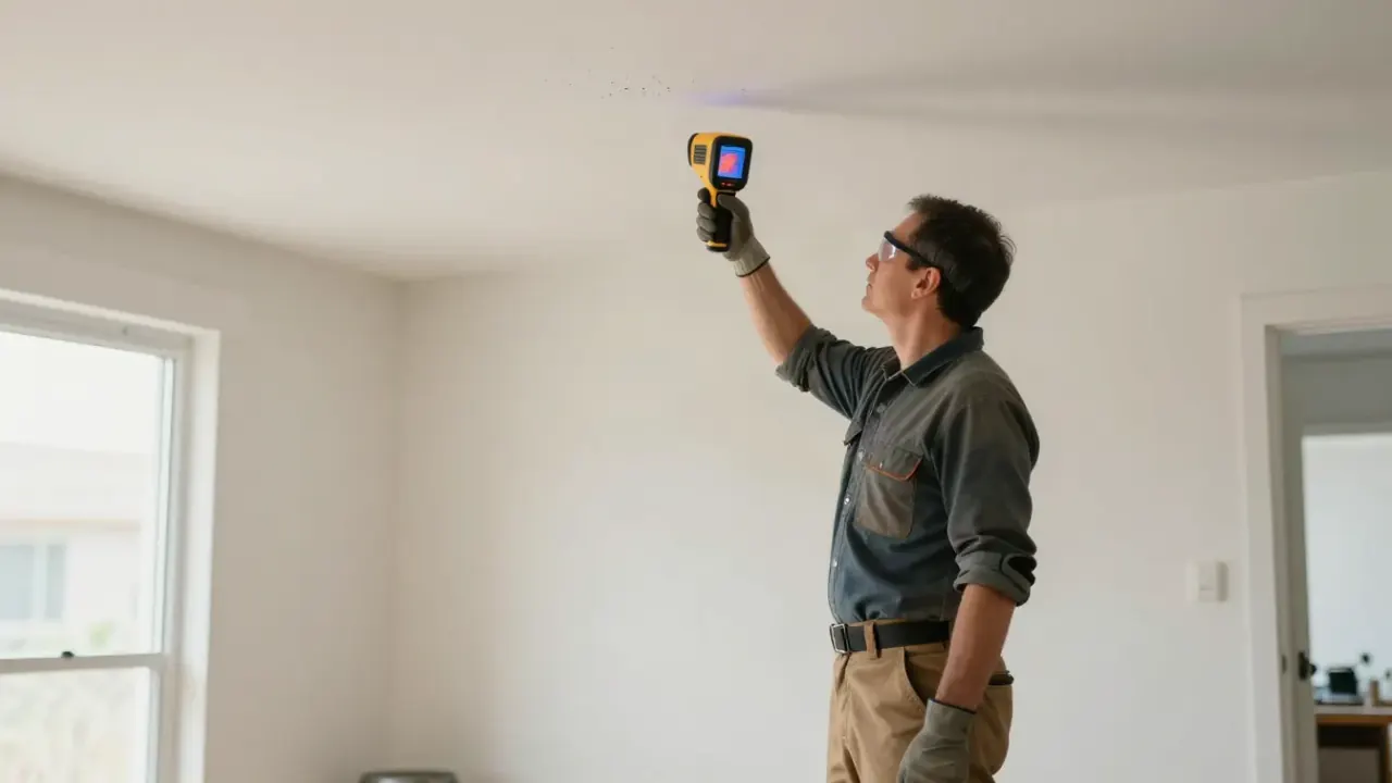 Ceiling and Wall Leak Repair in Spring, Texas: leak detection specialist holding a thermal imaging camera up to a damp spot